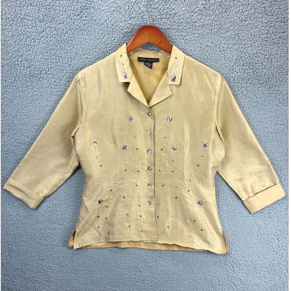 Anne Carson Tops - Anne Carson Beaded Button Down Shirt Womens S Gold Silk 3/4 Sleeve Formal